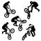 Seamless pattern of black silhouettes of sportsmen with a bike in five different poses isolated on white transparent