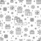 Seamless pattern with black snowflakes and presents on white background. Flat line gift boxes icons, cute repeat