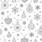 Seamless pattern with black snowflakes and toy balls on white background. Flat line pine tree decoration icons, cute