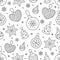 Seamless pattern with black snowflakes and toy balls on white background. Flat line pine tree decoration icons, cute