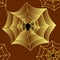 Seamless pattern of black spider with red eyes and yellow gold spider web on brown background.