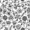 Seamless pattern with black and white bellflower, edelweiss, globethistle, globeflower, meadow geranium, gentiana