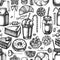 Seamless pattern with black and white cinnamon, macaron, lollipop, bar, candies, oranges, buns and bread, croissants and