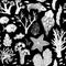 Seamless pattern with Black and white deepwater living organisms, fish and algae