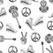 Seamless pattern with black and white hippie peace symbol, acoustic guitars and hight snakers
