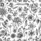 Seamless pattern with black and white japanese chrysanthemum, blackberry lily, eucalyptus flower, anemone, iris japonica
