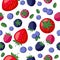 Seamless pattern blackberry, blueberry, strawberry, raspberry on white background.