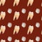 Seamless pattern with bloody gauze and real tooth on the brown background