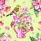 A seamless pattern of blooming branches of a red apple tree, watering can with a bouquet and a bird