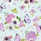 Seamless Pattern with Blooming Hydrangea Flowers and Flying Butterflies in Watercolor Style. Background for Fabric