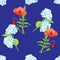 Seamless pattern of blooming hydrangeas and bright red poppies