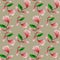Seamless pattern with blooming magnolia flowers and leaves. Gouache illustration. Pattern on isolated pale background