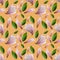 Seamless pattern with blooming magnolia flowers and leaves. Watercolor illustration. Pattern on isolated pale orange background