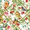 Seamless pattern with blossom garden plants and birds