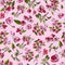 Seamless pattern of blossoming pink branch of apple tree and flowers. Hand drawn colored sketch of malus flowers.