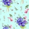 Seamless pattern with blue anemones, pink anemones, clematis and eucalyptus, watercolor painting. For prints, textile.