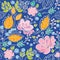 Seamless pattern, blue background, bright, contour, pink flowers, orange leaves.