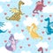 Seamless pattern with blue background, bright multi-colored cartoon dragons in different poses, hearts and clouds