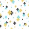 Seamless pattern with blue, black and golden glittering rhombuses.