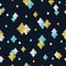 Seamless pattern with blue, black and golden glittering rhombuses.
