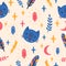 Seamless pattern with blue cat , moon, crystal, herb, stars and feather