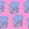 Seamless pattern with a blue cloud and a rain of sewing buttons on a pink background. Hand-drawn in gouache on paper. A children`