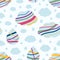 Seamless pattern with blue clouds and drops with colorful rainbow lines. Nursery art design for decoration, childish printing for