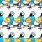 Seamless pattern with blue dancing cheerful Caribbean parrot. ve