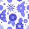 Seamless pattern with blue decorative flowers with gradient outline, white background