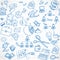 Seamless pattern of blue doodles on business theme