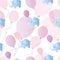 Seamless pattern with blue elephants with pink balloons