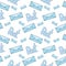 Seamless pattern with blue envelopes and post lettering. Simple vector illustration in cartoon doodle style. Concept of telegram,