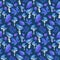Seamless pattern of blue fairy mushrooms in watercolor leaves on purple background. Mystical, childish, cute style. Hand-drawn
