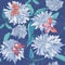 Seamless pattern of blue flowers with leaves and butterflies on a blue background. Aster, chrysanthemum, gerbera. Floral