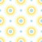 Seamless pattern with blue flowers and orange and yellow halftone circle frame on white background