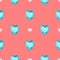 Seamless pattern with blue gemstones in heart shape on pink background.