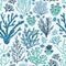 Seamless pattern with blue and green corals and seaweed. Backdrop with seabed species, underwater flora and fauna