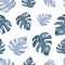Seamless pattern of blue grey leaves monstera. Tropical leaves of palm tree. watercolor exotic pattern with tropical leaves on a
