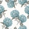 Seamless pattern with blue hydrangea flowers on white background. Floral design for cosmetics, perfume, beauty care products.