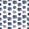 .Seamless pattern of blue mugs and cups. Design for kitchen accessories, towels, tablecloths, napkins