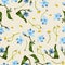 Seamless pattern with blue oxypetalum, camomille flowers, a beige background.
