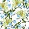 Seamless pattern with blue oxypetalum, tulips flowers, a beige background.