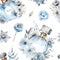 Seamless pattern with blue perfume and grey flowers. Watercolor print