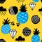 Seamless pattern with blue pineapples on striped yellow background.