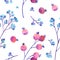 Seamless pattern with blue and pink stylized berries.