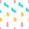 Seamless pattern with blue, pink and yellow cats. Vector Line art kittens