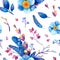 Seamless pattern with blue and purple cosmic plants. Stylized feathers, flowers, leaves, berries with symbols of stars and the moo