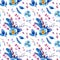 Seamless pattern with blue and purple cosmic plants. Stylized feathers, flowers, leaves, berries with symbols of stars and the moo