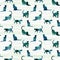 Seamless pattern with blue rainbow silhouettes of watercolor cat on striped background