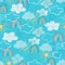 Seamless pattern with blue sky, white clouds, rainy clouds, rainbow, sun in childs drawing style